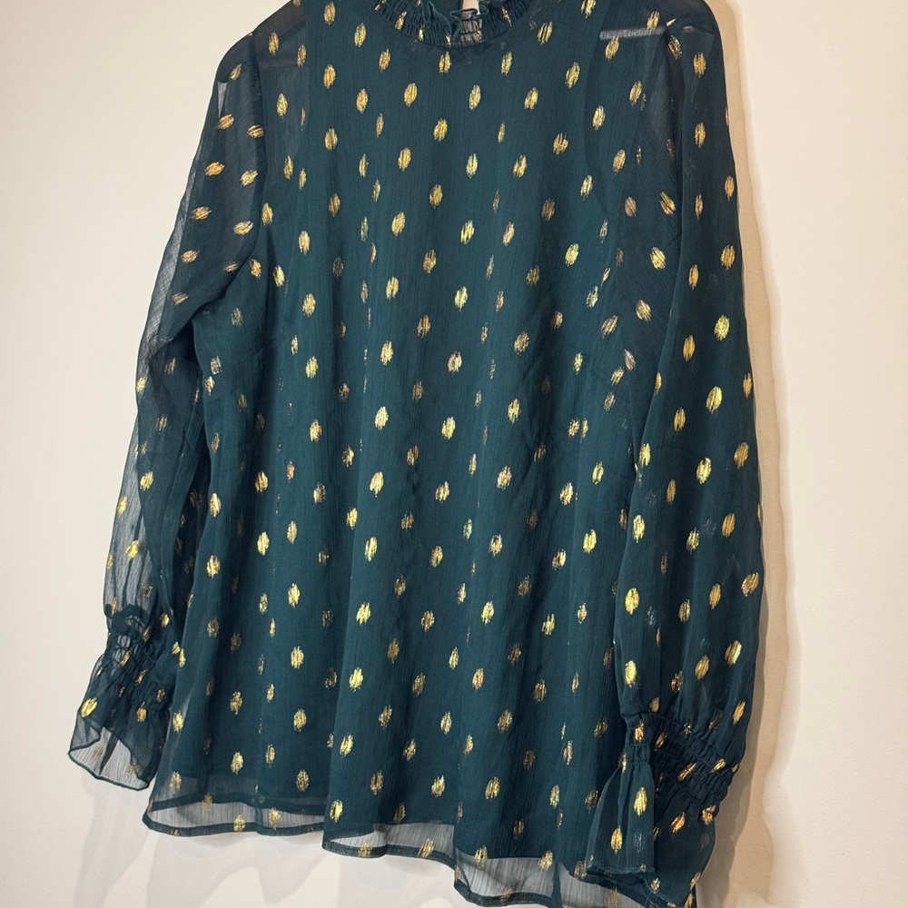 Holiday Blouse with Sheer Sleeves Green & Gold Speckled